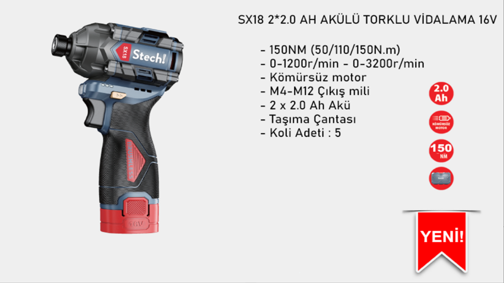 Stechend SX18 2×2.0 Ah Akülü Torklu Vidalama 16V