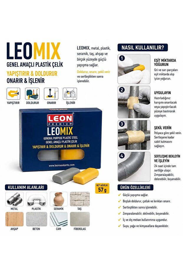 Leon LEOMIX Genel Amaçlı Plastik Çelik Epoksi Tamir Macunu 57 gr